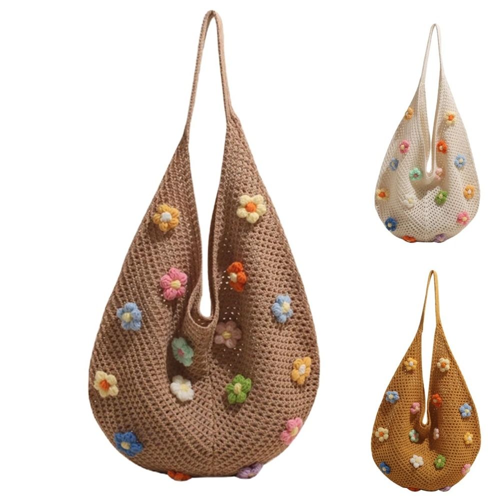 Crochet Market Bag - Fashion Flower Knitted Shoulder Bag Lightweight