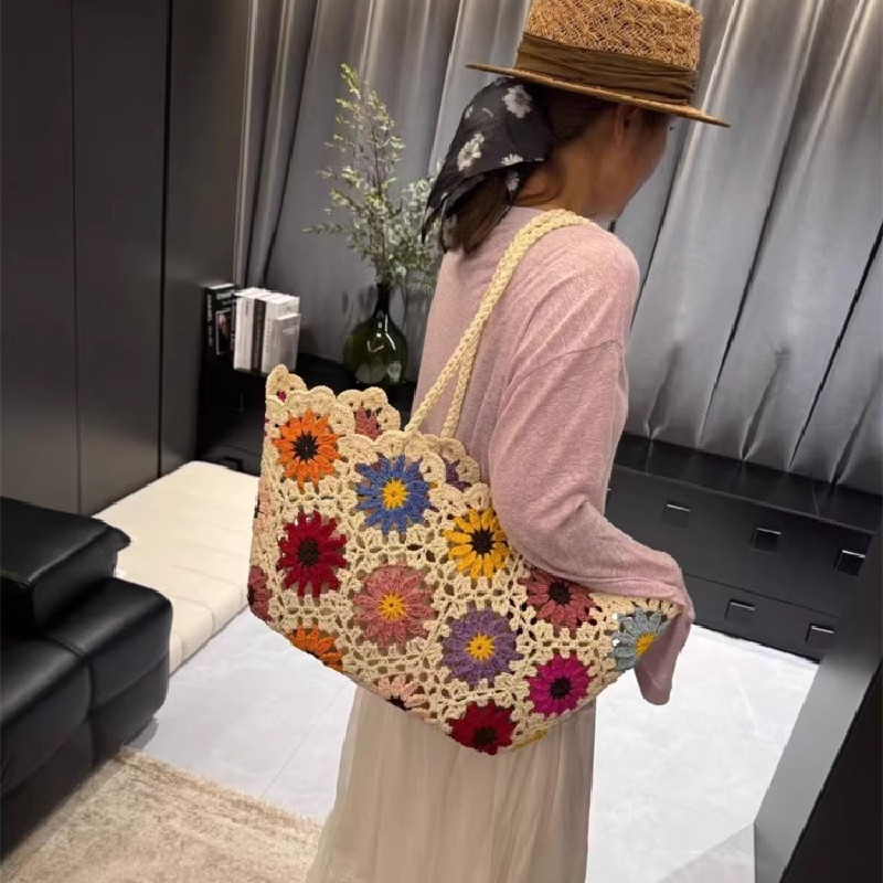 Crochet Market Bag - Fashion Vintage Flowers Handmade Knitting Crochet