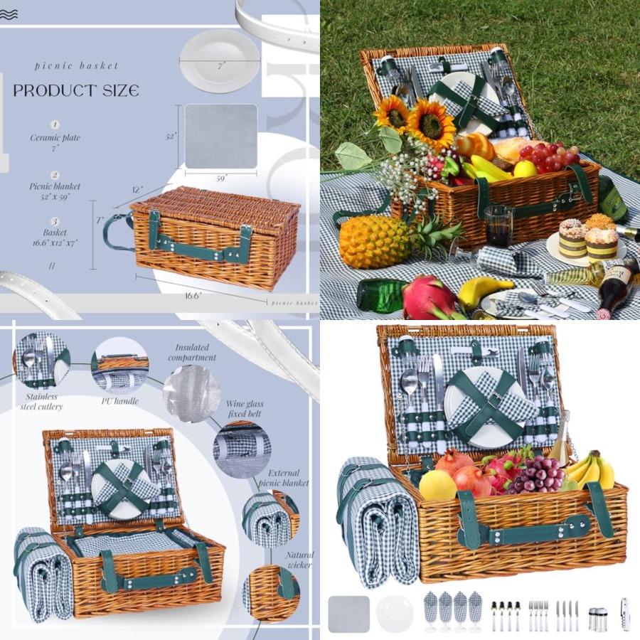 Basket Bag Wicker - Picnic Basket Set for 4 with