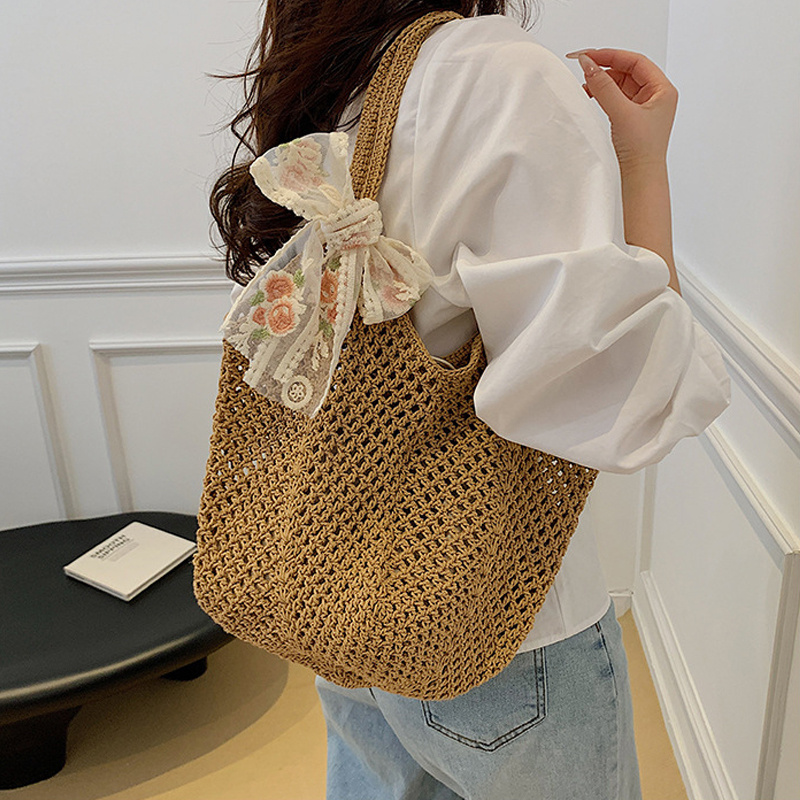 Summer Lace Bow Tote Bags Wome - Crochet Market Bag のレビューと価格