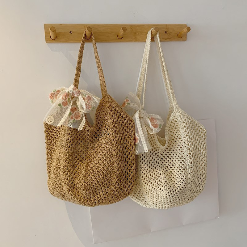 Summer Lace Bow Tote Bags Wome - Crochet Market Bag のレビューと価格