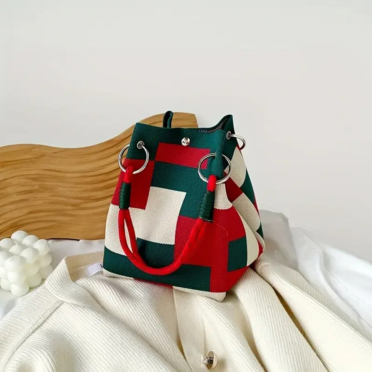 This multi-color knitted retro - Basket Bag Wicker のレビューと価格