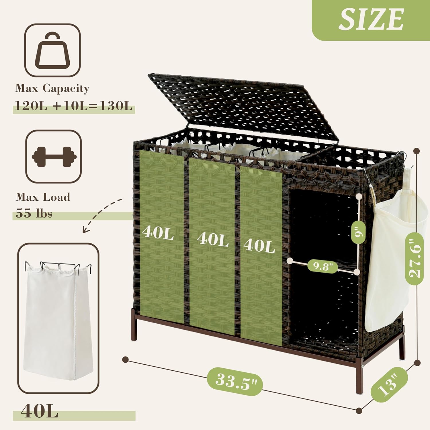 130L 3 Section Laundry Hamper  - Basket Bag Wicker のレビューと価格