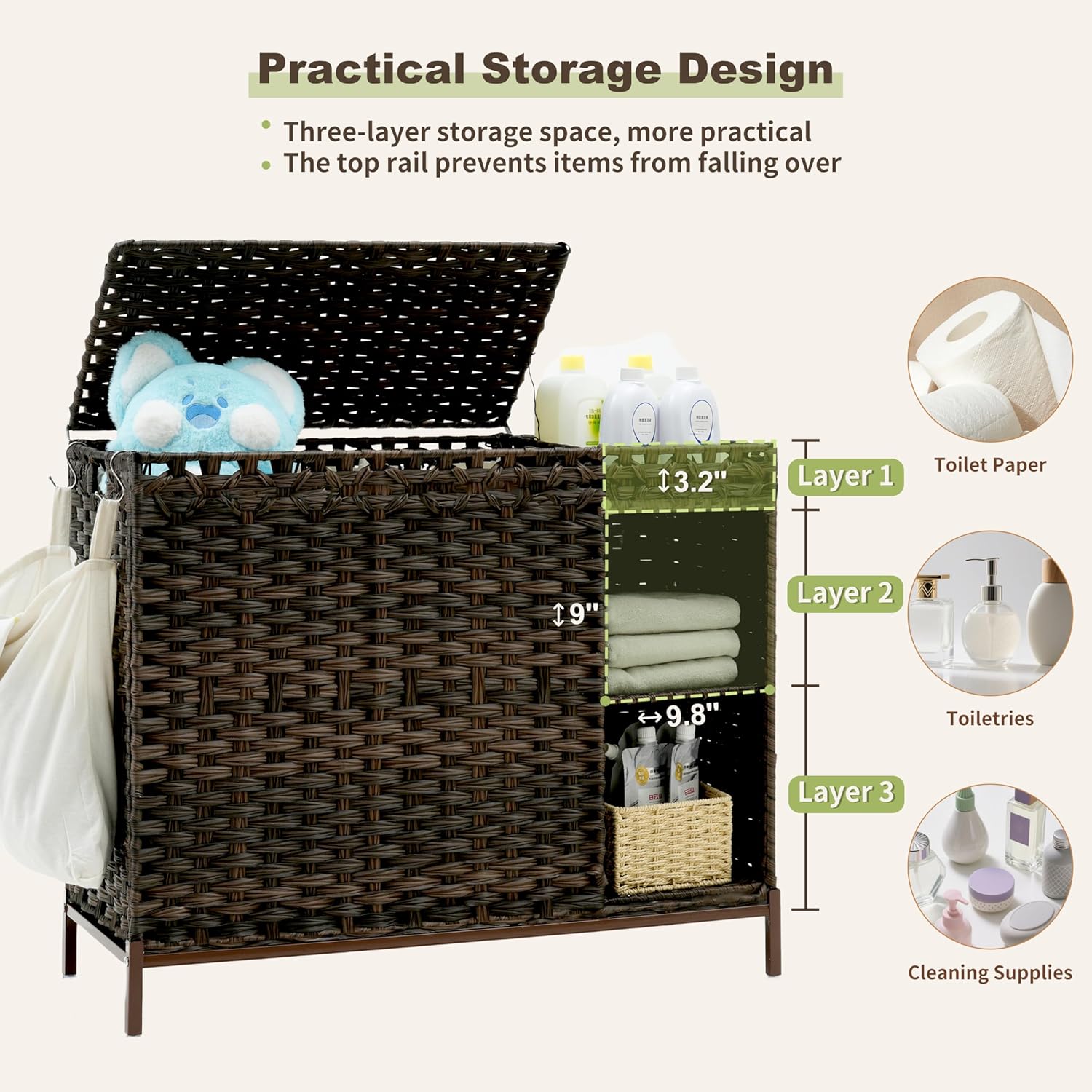 130L 3 Section Laundry Hamper  - Basket Bag Wicker のレビューと価格