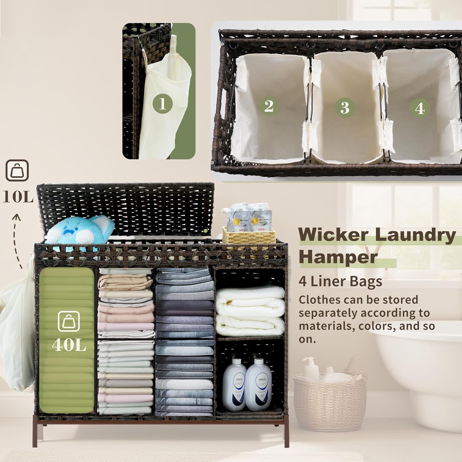 130L 3 Section Laundry Hamper  - Basket Bag Wicker のレビューと価格