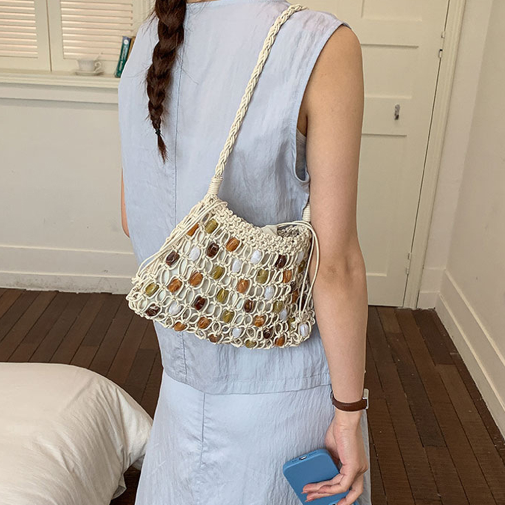 Hollow Beading Women Shoulder  - Crochet Market Bag のレビューと価格