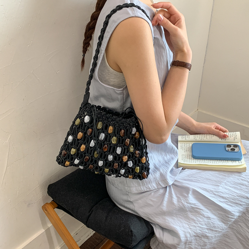 Hollow Beading Women Shoulder  - Crochet Market Bag のレビューと価格